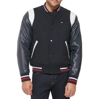Tommy Hilfiger Mens Mixed Media Varsity Bomber Jacket, Navy, S