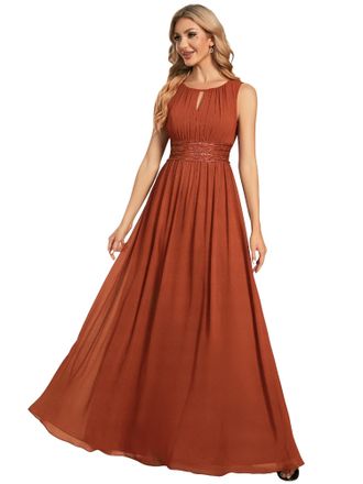 Ever-pretty Womens Crew Neck Sleeveless A Line Hollow Out Pleated Maxi Fromal Dress Burnt Orange 14