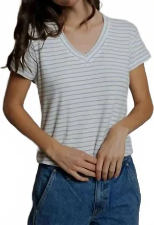 perfectwhitetee Elliot Brushed V-Neck Sweater Tee In Pacific Blue Striped