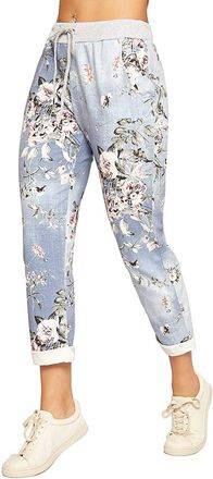 Crazy Girls Womens Plain Italian Floral Trousers, Light Blue Floral, XXL (UK 20-22)