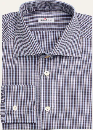 Kiton Mens Cotton Plaid Dress Shirt