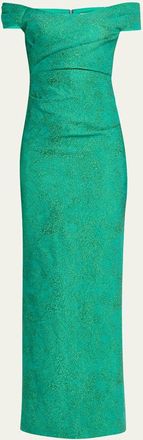 Teri Jon Off-Shoulder Metallic Jacquard Column Gown