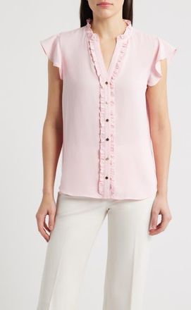 Anne Klein Ruffle Accent Short Sleeve Button-Up Shirt in Peony Pink at Nordstrom, Size Small P
