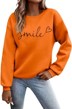 Generic Sweatshirts for Women Womens Daily Home Outdoor Workout Solid Long Sleeve O Neck T Shirt Top Printed Sweatshirt (Orange, M)