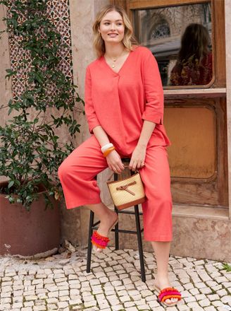 Sheego Longbluse SHEEGO, Damen, Gr. 40, rot (hummer), 55% Leinen, 45% Viskose, unifarben, V-Ausschnitt, Blusen Longbluse