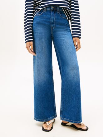 Tommy Hilfiger High-waist-Jeans TOMMY HILFIGER DNM FLO WIDE LEG HW, Damen, Gr. 28, L&auml;nge 32, blau (mid blau), Denim/Jeans, Obermaterial: 100% Baumwolle, unifarben, w