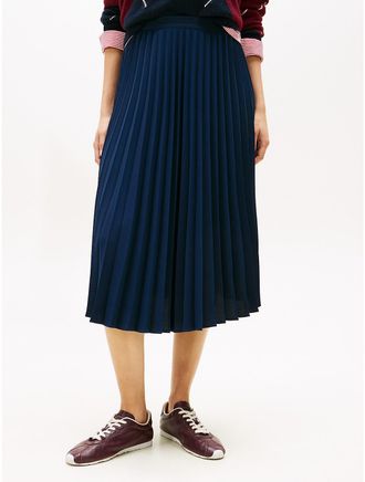 Tommy Hilfiger Womens Pleated Crepe Twill Midi Skirt - Navy - 6