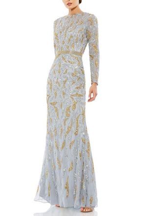 Mac Duggal Abstract Beaded Long Sleeve Evening Gown in Platinum Gold at Nordstrom, Size 12