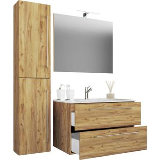 VCM Vcm - 4 Unids Lavabo Lavabo Gabinete Inferior Ancho 80 Cm Muebles De Ba&ntilde;o Conjunto Con Cajones Puertas Giratorias Espejo Badinos (roble Miel)