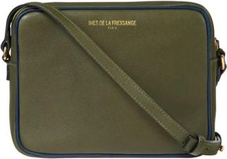Ines De La Fressange Marcia tas in khaki leer met marineblauwe afwerking - Dames - Schoudertassen - Groen - ONE Size - Leer - Tassen