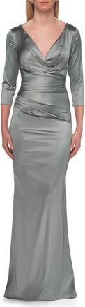 La Femme V-Neck Satin Gown with Ruched Bodice and Sleeves in Dusty Sage at Nordstrom, Size 16