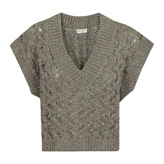 Brunello Cucinelli Brunello Cucinelli, V-neck Knitwear, female, Gray, Size: XS Scollo V Gilet