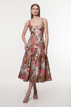 Karen Millen Womens Petite Floral Jacquard Strappy Full Skirted Tailored Maxi Dress - Size 12 UK