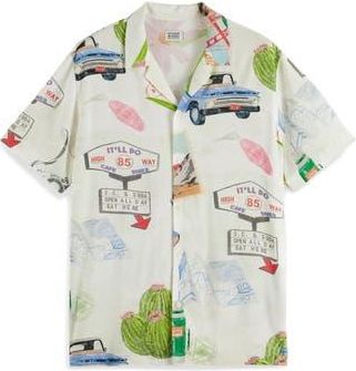 Scotch & Soda Road Trip Print Short Sleeve Camp Shirt in Light Beige at Nordstrom Rack, Size Large