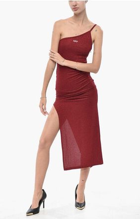 Off-white Lurex Knit Midi Sheath Dress with One-Shoulder Design size 44
