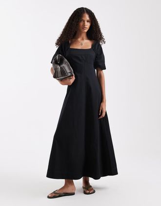 Asos Vestito midi in rasatello di cotone nero con scollo squadrato e laccetto sul retro