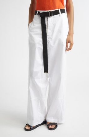 Plan C Belted Cotton Stretch Drill Straight Leg Trousers in Optical White at Nordstrom, Size 6 Us