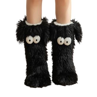 Generic Muffle Friends Cozy Socks, Womens Winter Warm Fuzzy Non-Slip Slipper Socks with Cute Big Eyes, Winter Home Socks (Black)