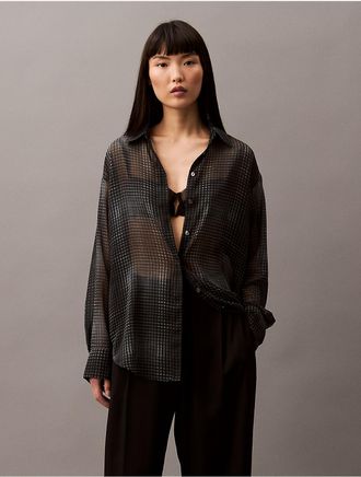 Calvin Klein Womens Chiffon Printed Relaxed Button-Down Shirt - Black - XS