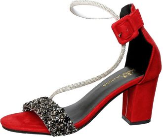 Generic Womens Mid Chunky Heels Dress Pumps Sandals Open Toe Glitter Sequins Rhinestones Cross Ankle Strap Wedding Party Shoes (7.5,Red)