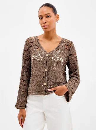 Contemporaine Womens Floral pattern crocheted Cardigan Sweater