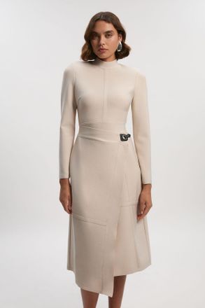 Karen Millen Womens Figure Form Bandage Asymmetric Long Sleeve Knit Midi Dress - Beige - Size X-Small