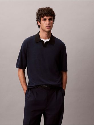Calvin Klein Mens Linen Blend Polo Sweater - Navy - 2XL