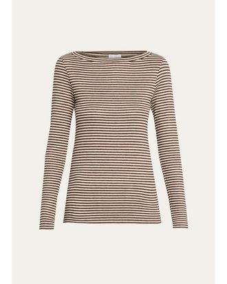 Brunello Cucinelli Glimmering Fine Stripe Wool Jersey Long-Sleeve Top