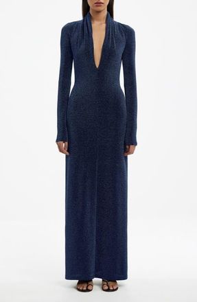 Significant Other Selena Metallic Plunge Long Sleeve Open Back Jersey Gown in Sapphire at Nordstrom, Size 10 Us