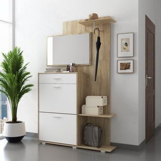 Dmora Recibidor Verres Con Espejo, 12 Pares, Perchero, 120x25x192h Cm Roble Marr&oacute;n