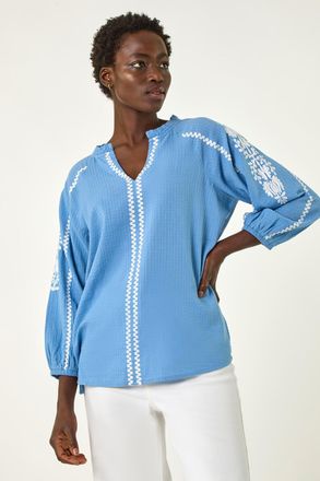 Roman Embroidered Sleeve V-Neck Top