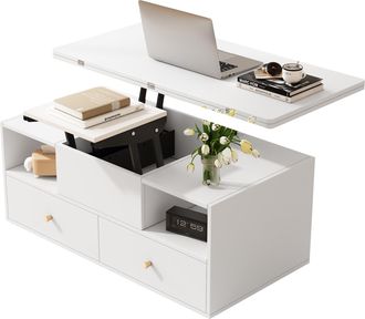STILVORA Mesa De Centro Elevable Con 4 Cajones Y Tablero Abatible, Hidr&aacute;ulica, Estilo Moderno, En Mdf, 100&times;50&times;47,5 Cm, Blanco