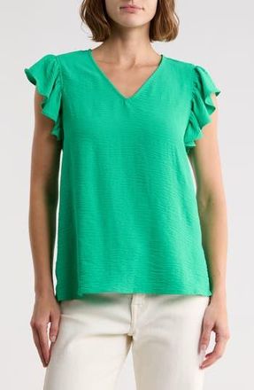 Adrianna Papell Flutter Sleeve Crinkled Satin Blouse in Simply Green at Nordstrom Rack, Size X-Small