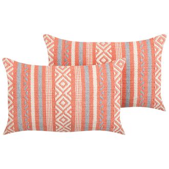 Beliani Conjunto De 2 Cojines De Algod&oacute;n Naranja Blanco Gris 30 X 50 Cm Borlas Inula