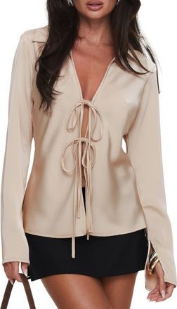 Princess Polly Way Life Goes Tie Front Satin Shirt in Champagne at Nordstrom, Size 10