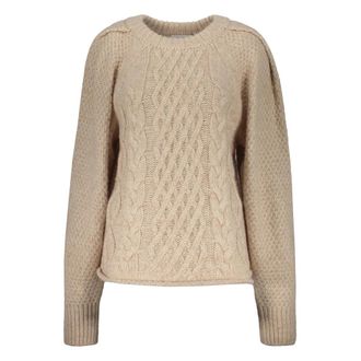 Low Classic Gezellige Kabelgebreide Ronde Hals Sweater - Dames - Ronde hals truien - Beige - M - Wol - Truien & Vesten