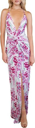 Katie May Pixie Plunge Neck Twist Front Gown in Electric Pink Floral at Nordstrom, Size Xx-Small