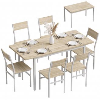 HOMCOM Homcom Conjunto Mesa De Cocina Extensible 120-160 Cm Con 6 Sillas, Ahorro Espacio, Para 4-6 Personas, Marco Met&aacute;lico, Efecto Roble