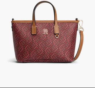 Tommy Hilfiger Womens Allover Monogram Mini Tote Bag - Autumn Red Mix