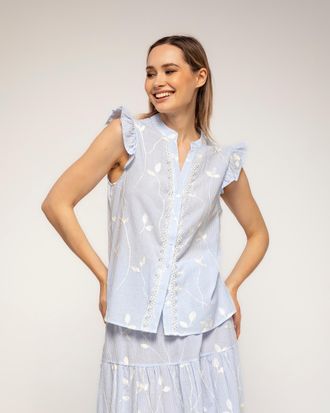 Tantra Gestreepte blouse met borduursels en kantdetail met ruches aan de mouwen
