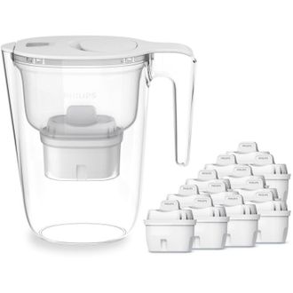 Philips Water Caraffa filtrante + 12 cartucce filtranti di ricambio, Filtrazione Avanzata, flusso rapido, timer elettronico, filtra CLORO, CALCARE