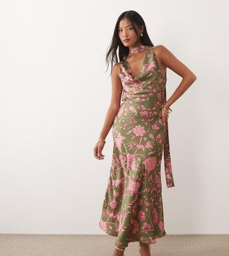 Hope & Ivy Petite Vestito midi in raso verde a fiori con scollo ad anello-Giallo