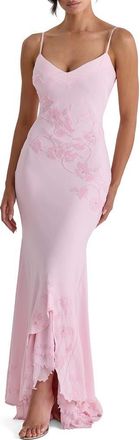 House of CB Anastelle Bead Embellished Satin Mermaid Gown in Pink at Nordstrom, Size X-Large