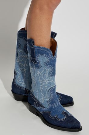 Ganni Denim Heeled Ankle Boots, Womens, Blue