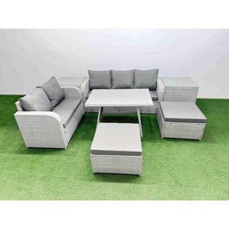 Fimous Outdoor pe Rattan Garden Furniture Set Rectangular Dining Table Sofa Set with 2 Big Stool 2 Side Tables Light Grey - Fimous