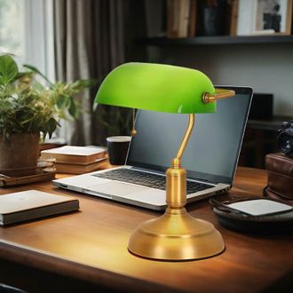 Globo Lighting Lampada da tavolo led da scrivania lampada banker lampada da tavolo in ottone antico vetro verde luce da lettura, paralume orientabile, interruttore