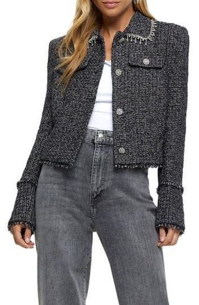 River Island Diamante Boucl&eacute; Jacket in Black at Nordstrom Rack, Size 6