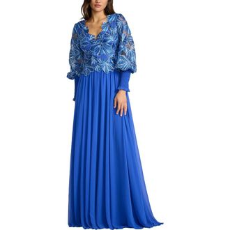 Tadashi Shoji Embroidered Bodice Long Sleeve Gown in Blue Lagoon at Nordstrom, Size 6