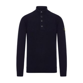 Stone Island Wollen Gebreide Trui met Knopen - Heren - Coltruien - Blauw - XL - Wol - Truien & Vesten