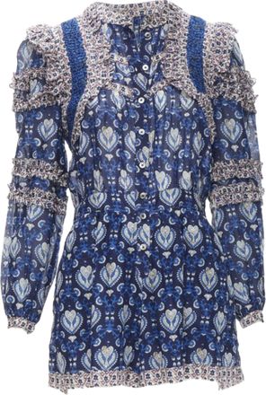 Sea New York blue floral print ruffle trim long sleeve romper playsuit US0 XS
